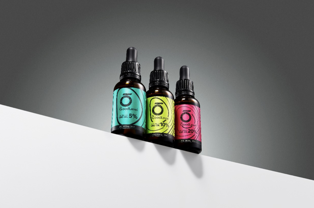 CBD oils: Three bottles of CBD oil on a white surface